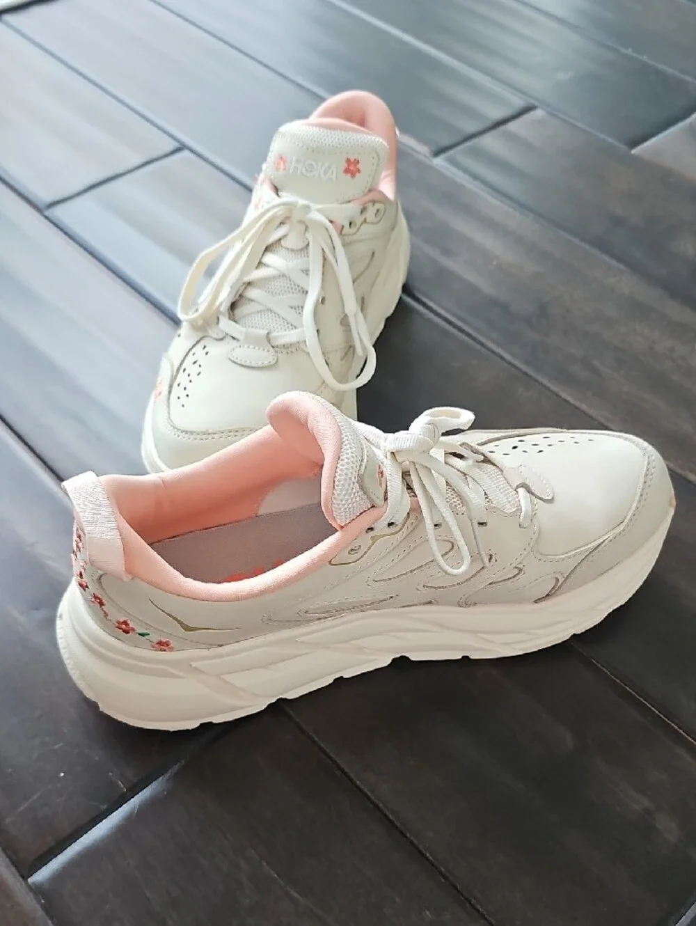 Hoka Women's Cream Athletic Sneakers with Pink/Peach Accents with Floral Details - Picture 5 of 8